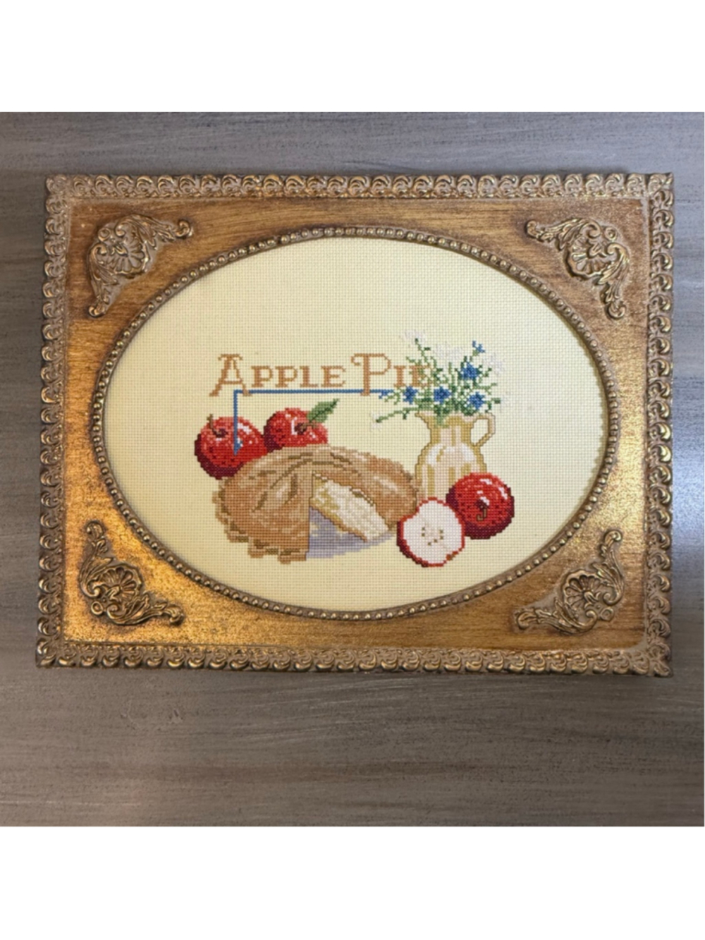 Vintage Cross Stitch Apples Pie Fruit Flowers Counted Embroidery Framed 11x14 - Picture 4 of 7